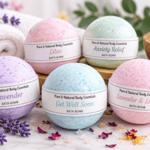 Bath bombs made in Michigan in assorted scents and colors with baking soda, citric acid and Epsom salt