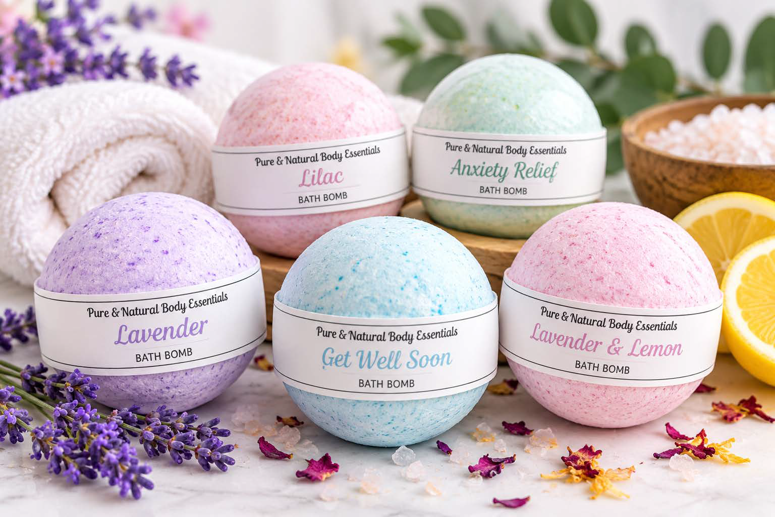 Bath bombs made in Michigan in assorted scents and colors with baking soda, citric acid and Epsom salt