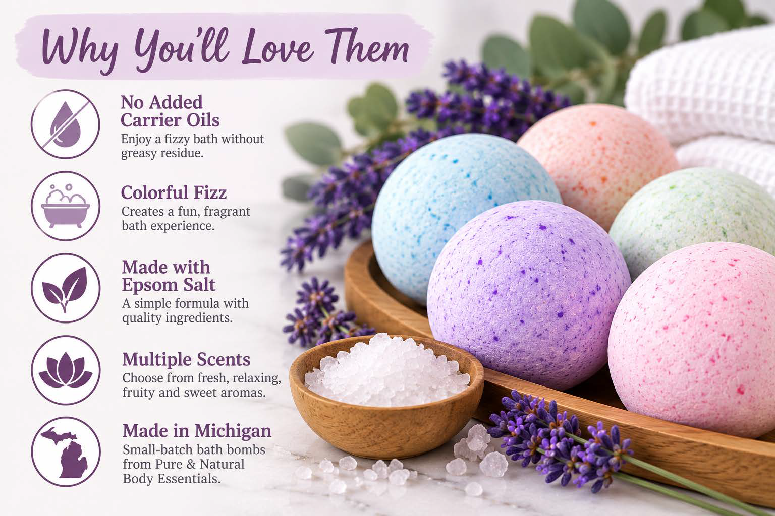 Bath bombs made in Michigan with Epsom salt, colorful fizz, multiple scents and no added carrier oils