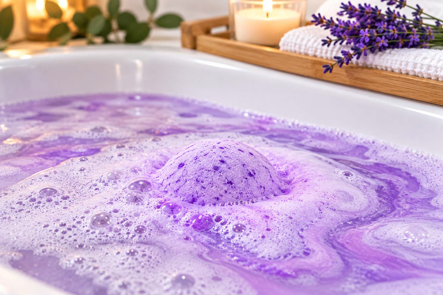 Lavender bath bomb fizzing in purple bath water for a colorful, fragrant at-home bath experience