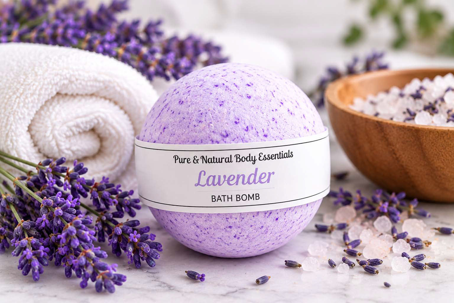 Lavender bath bomb made in Michigan with a colorful purple finish and simple bath care ingredients