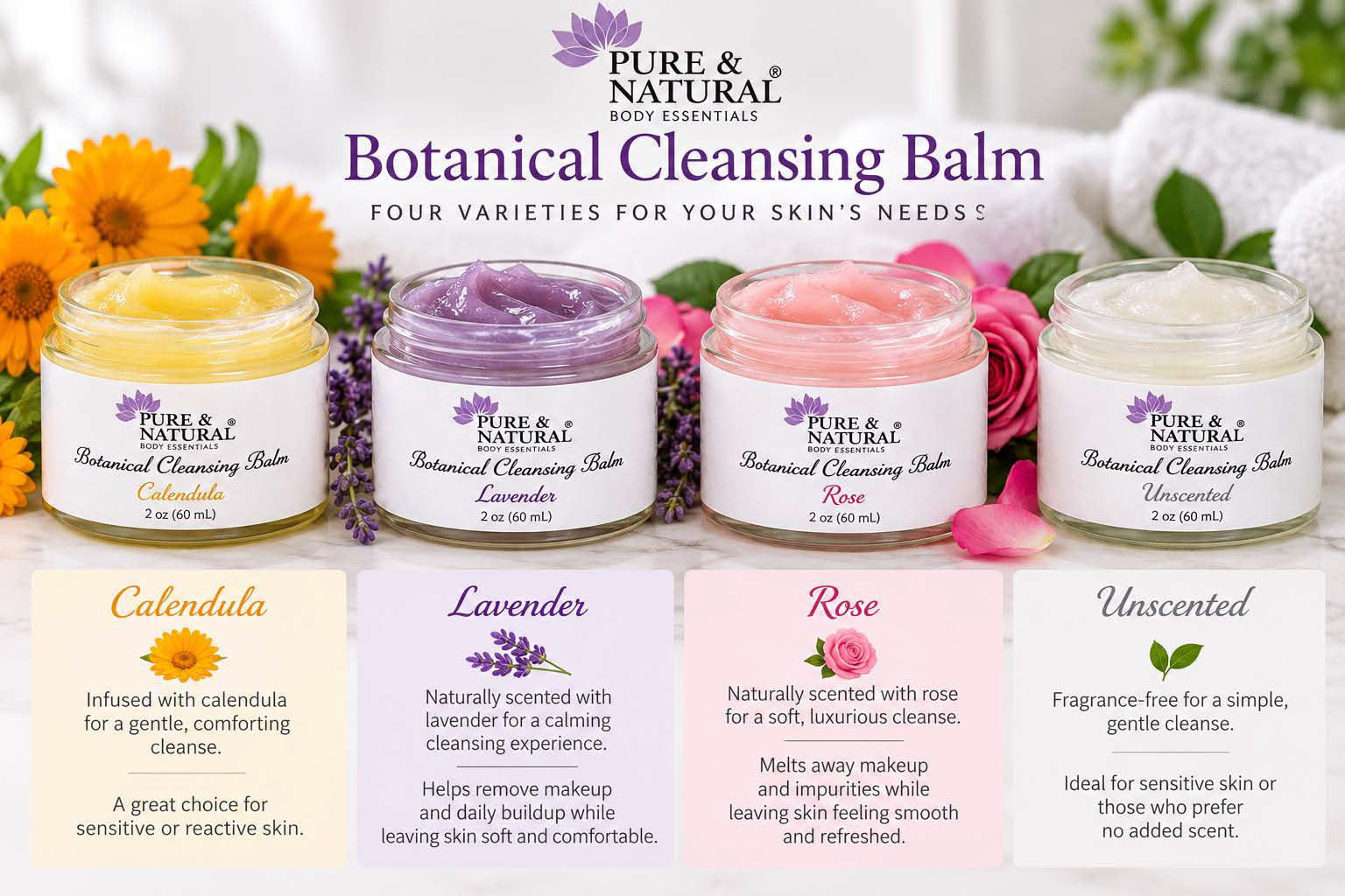 Botanical Cleansing Balm varieties in Calendula, Lavender, Rose and Unscented