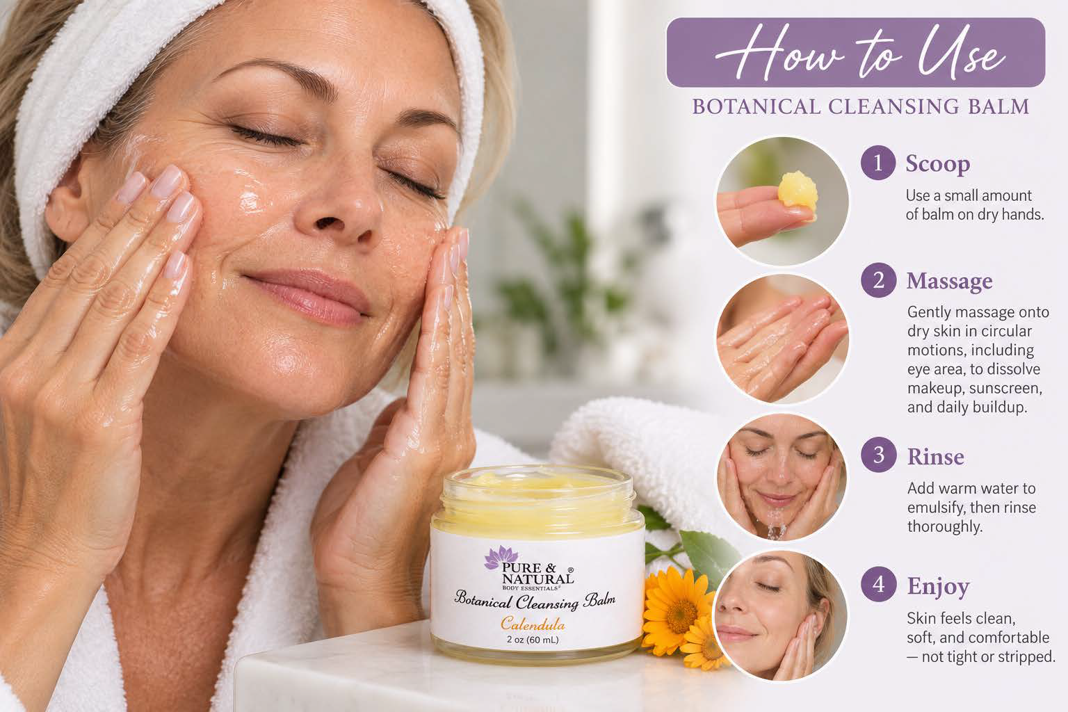 How to use Botanical Cleansing Balm on dry skin to remove makeup and daily buildup