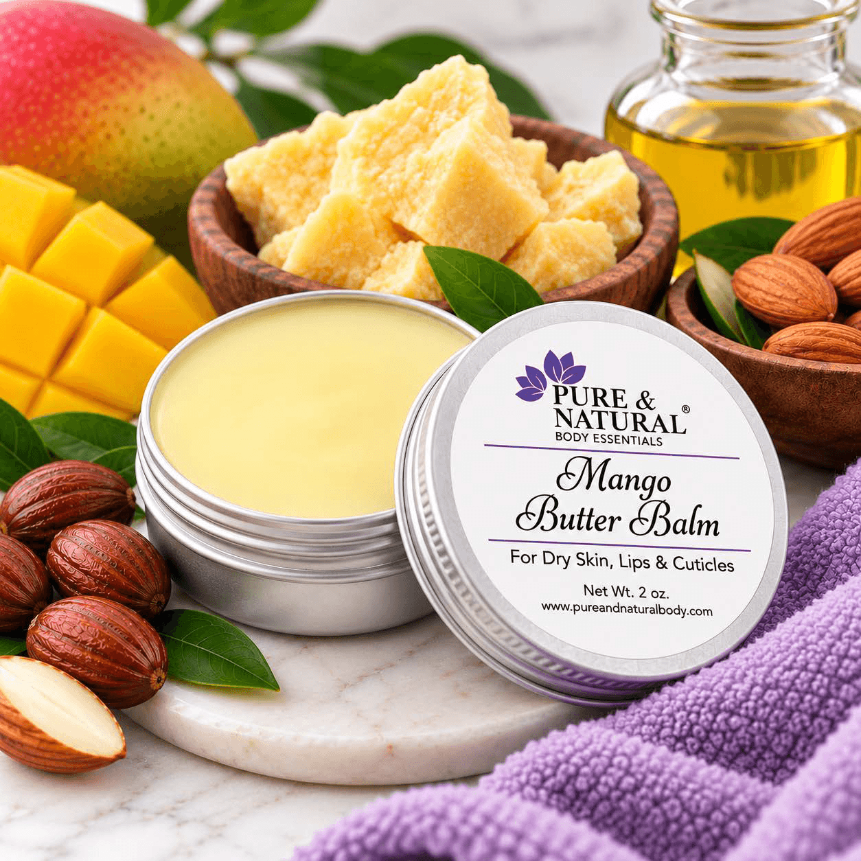 Pure & Natural Mango Butter Balm for dry skin, lips and cuticles with mango butter, jojoba oil and sweet almond oil