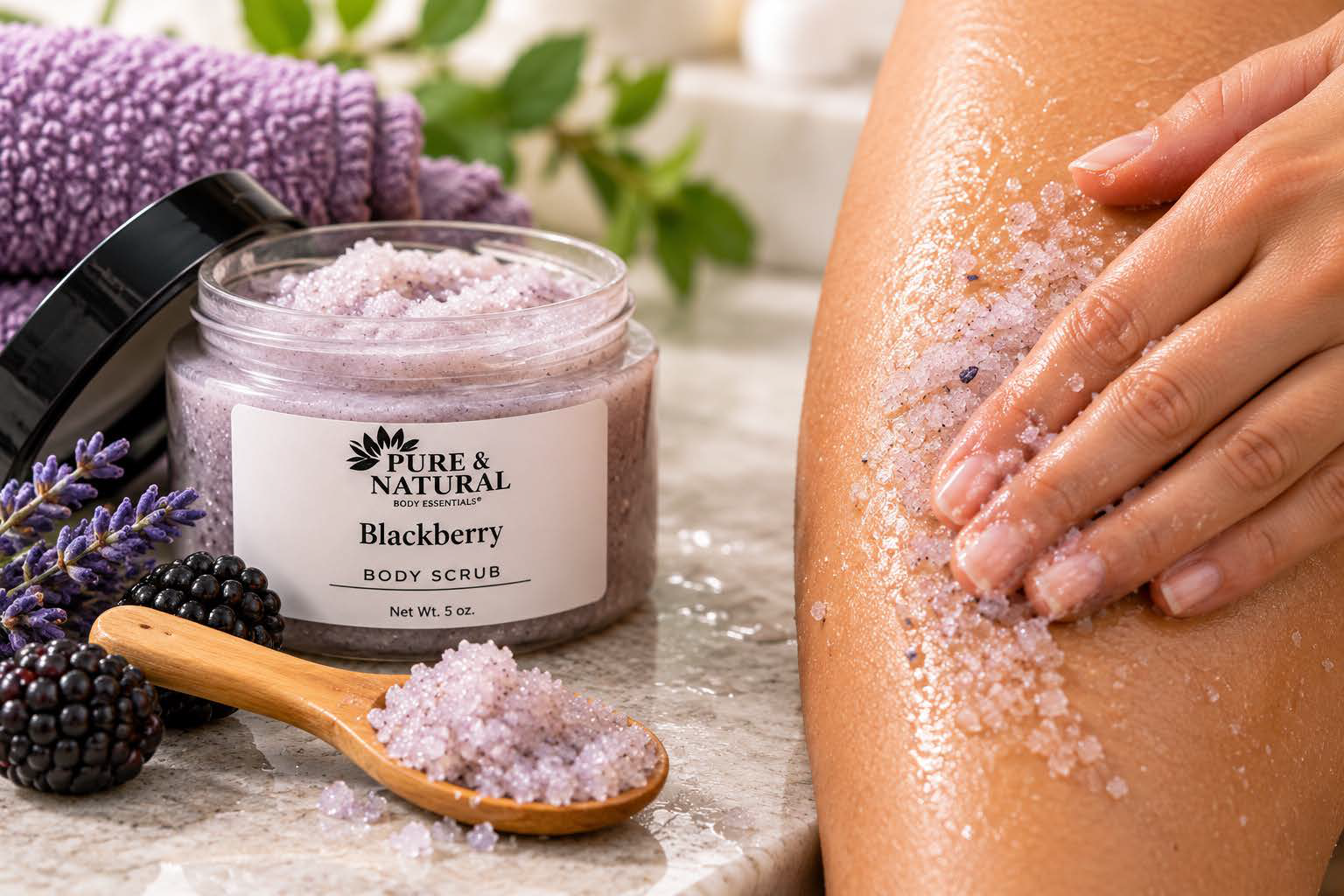 Pure & Natural Blackberry sugar body scrub being applied to skin for gentle exfoliation