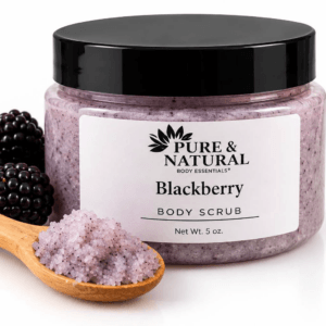Pure & Natural sugar body scrub in Blackberry scent with wooden spoon