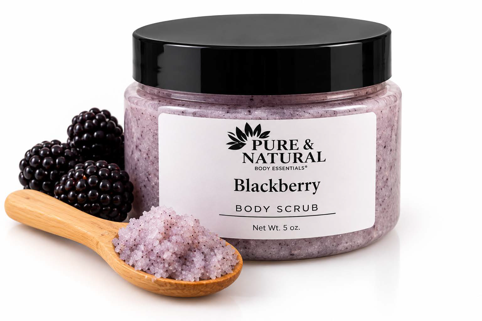 Pure & Natural sugar body scrub in Blackberry scent with wooden spoon