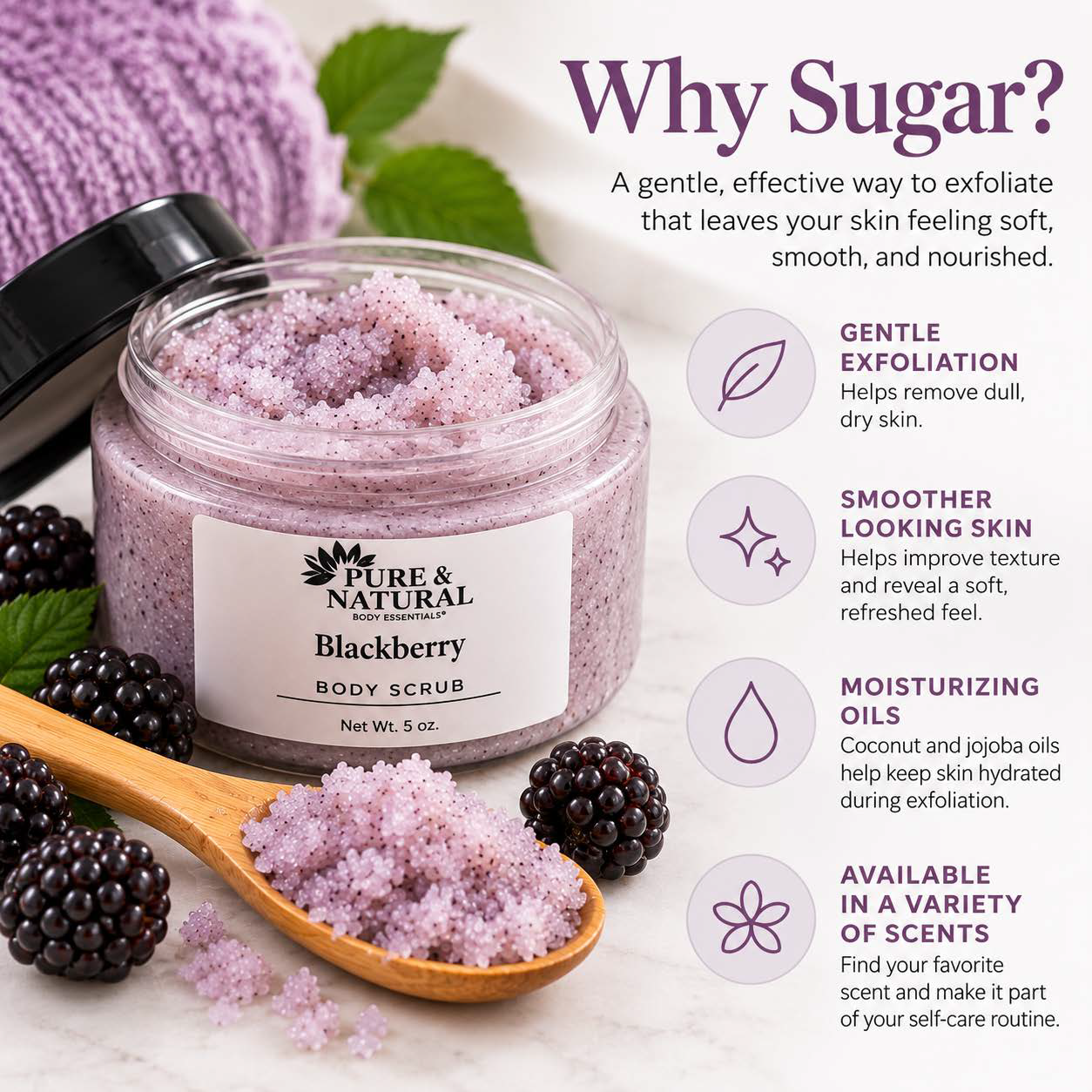 Pure & Natural sugar body scrub with gentle exfoliation and moisturizing oils