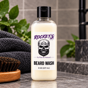 Rocket’s Beard Wash in an 8 oz bottle featuring the official Rocket’s by Pure & Natural logo, with opalescent beard wash.