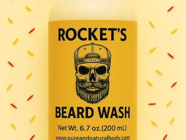 Rockets Beard Wash 6.7 oz – natural beard wash with argan oil, vitamin E, and essential oils. Sulfate-free cleanser for soft, refreshed beards.