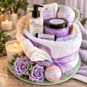 Choose Your Intention spa gift set arranged with towels, body care, bath bombs, facial masque, lip balm and candle