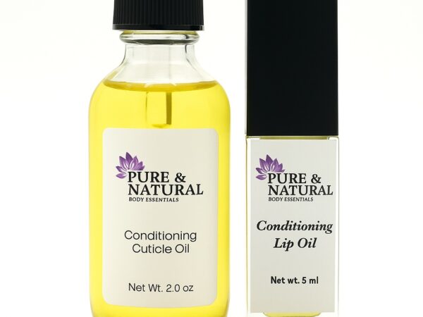 Pure & Natural Body Essentials Conditioning Cuticle Oil and Conditioning Lip Oil set displayed together on a clean white background with soft natural lighting. Minimalist spa-inspired product photography showcasing vegan, handcrafted skincare made in Michigan.”