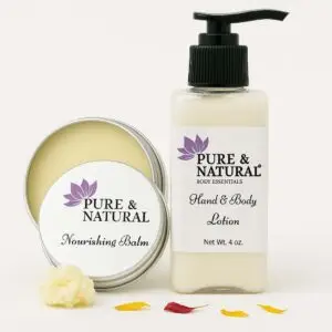 Pure & natural body essentials hand & body lotion and shea butter balm for dry, cracked skin, displayed on a white background with colorful flower petals and a smooth balm texture.