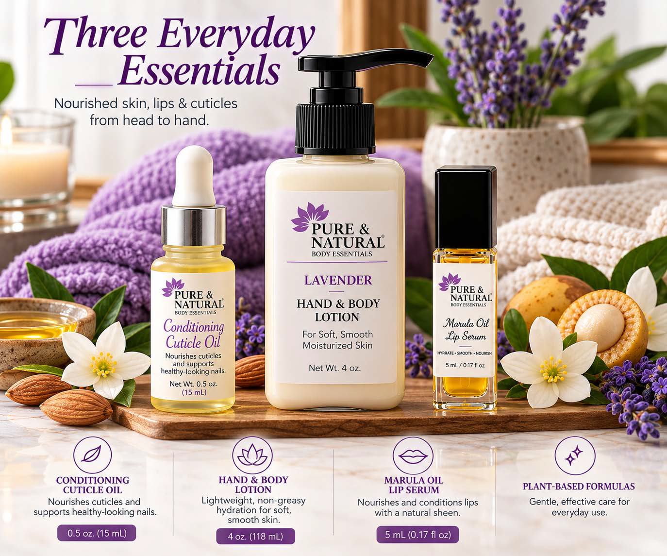 Pure & Natural Everyday Body Care Gift Set with Conditioning Cuticle Oil, 4 oz Hand & Body Lotion and 5 mL Marula Lip Oil