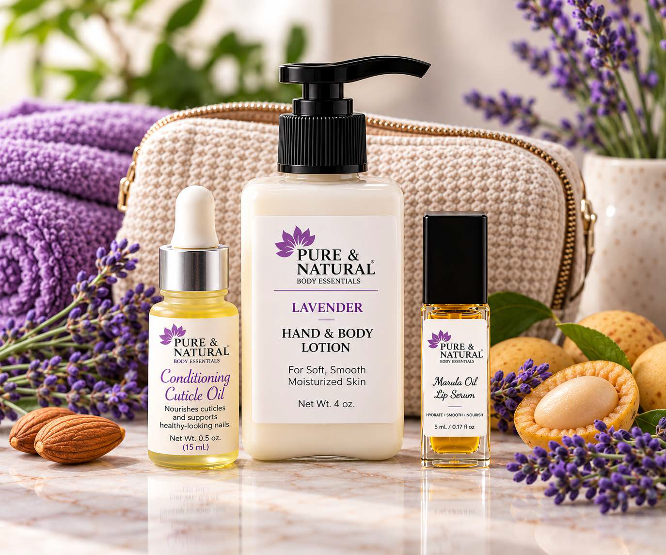 Pure & Natural body care gift set with 4 oz Hand & Body Lotion, Conditioning Cuticle Oil and 5 mL Marula Lip Oil