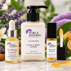 Pure & Natural body care gift set with 4 oz lotion, Conditioning Cuticle Oil and Marula Lip Oil
