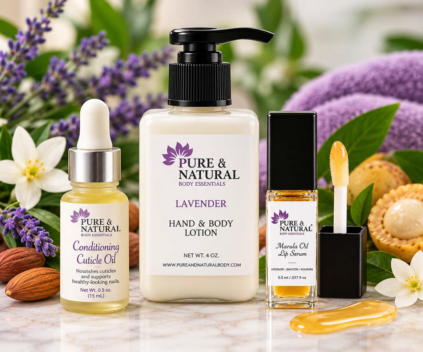 Pure & Natural body care gift set with 4 oz lotion, Conditioning Cuticle Oil and Marula Lip Oil