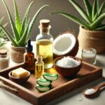 A tranquil, natural skincare concept showcasing plant-based beauty. A wooden tray holds an assortment of natural skincare ingredients such as aloe ver