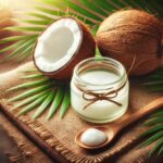A natural skincare concept featuring a glass jar of coconut oil with a wooden spoon beside it, surrounded by fresh coconut halves and green palm leave