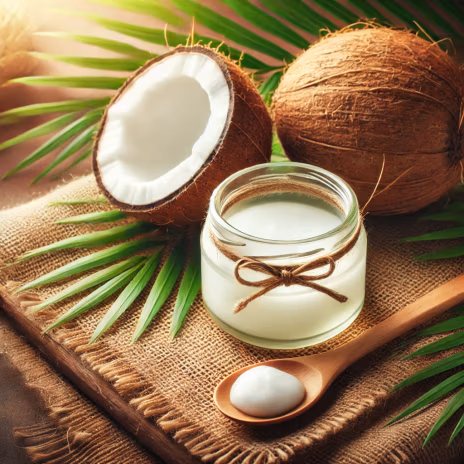 A natural skincare concept featuring a glass jar of coconut oil with a wooden spoon beside it, surrounded by fresh coconut halves and green palm leave