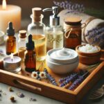A calming spa-like scene featuring natural skincare products infused with essential oils. A wooden tray holds glass bottles of essential oils, a jar o
