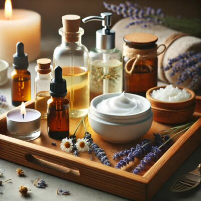 The Benefits of Aromatherapy in Skincare: Enhancing Wellness with Natural Scents 3 A calming spa-like scene featuring natural skincare products infused with essential oils. A wooden tray holds glass bottles of essential oils, a jar o