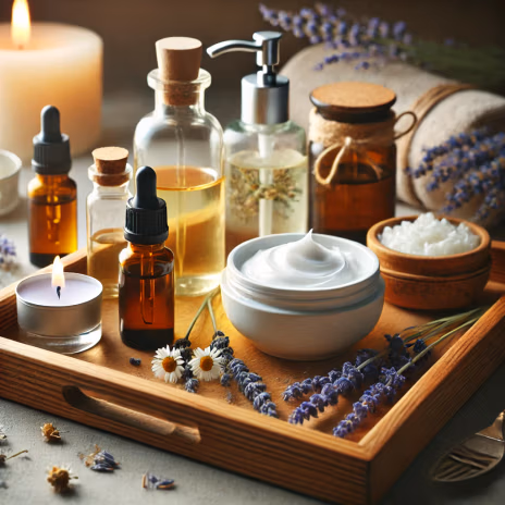 A calming spa-like scene featuring natural skincare products infused with essential oils. A wooden tray holds glass bottles of essential oils, a jar o