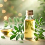A clean beauty product showcasing jojoba oil for skin. The image features a small glass bottle of golden jojoba oil placed next to fresh green jojoba
