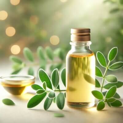 A clean beauty product showcasing jojoba oil for skin. The image features a small glass bottle of golden jojoba oil placed next to fresh green jojoba