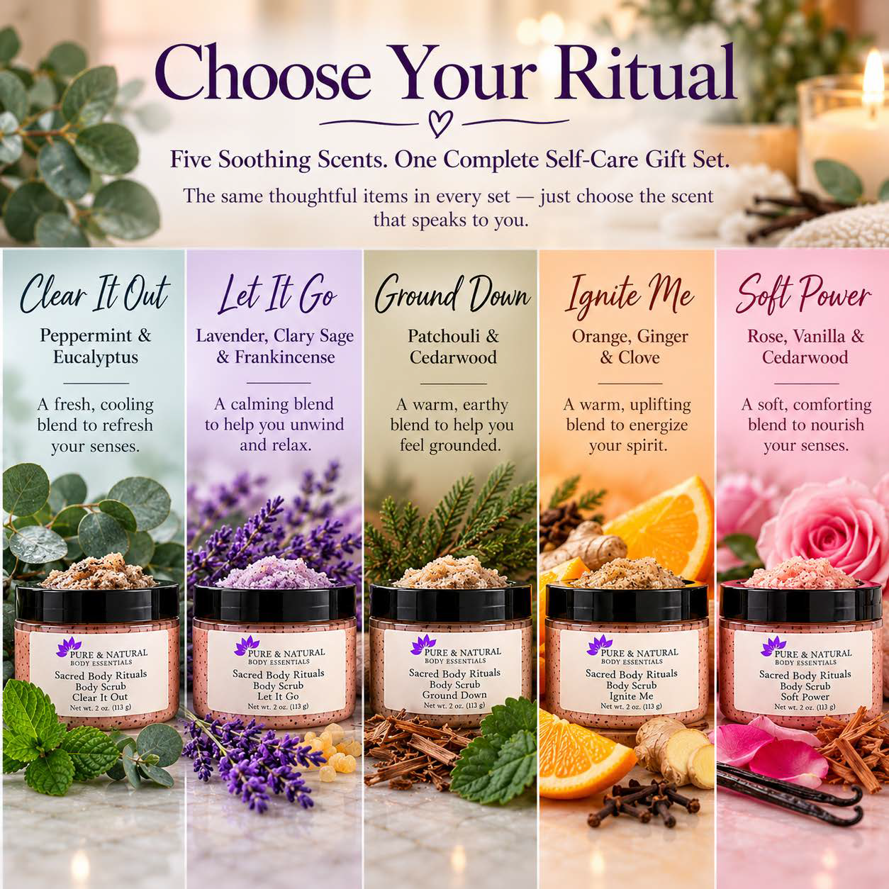 Choose Your Ritual self care gift set with five scent blends: Clear It Out, Let It Go, Ground Down, Ignite Me and Soft Power