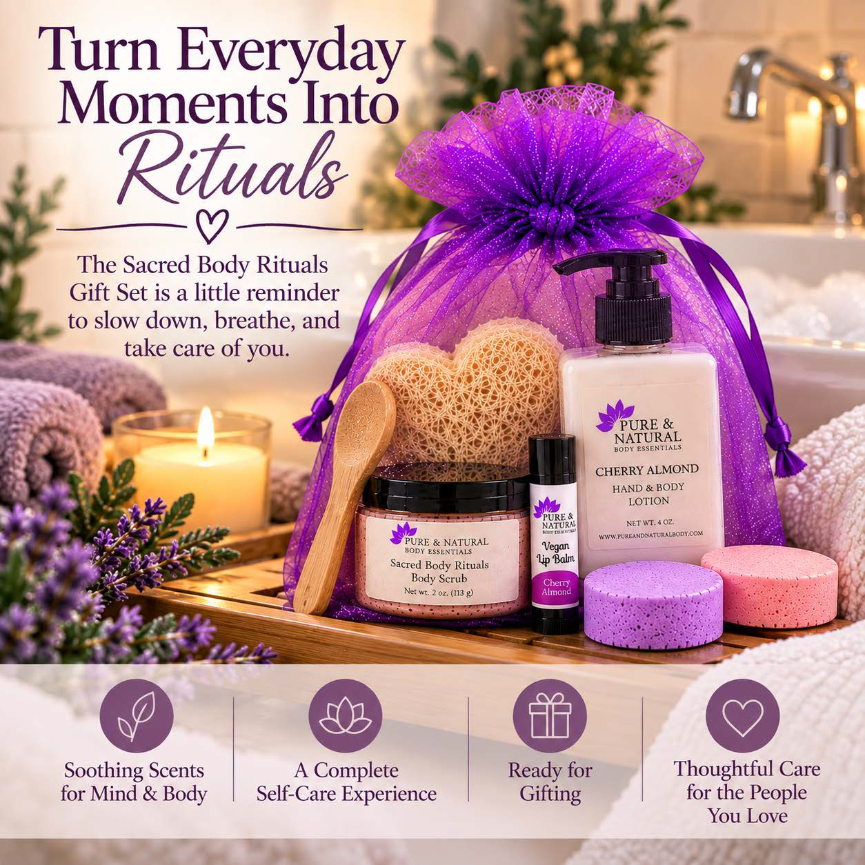 Sacred Body Rituals self care gift set with body care and shower steamers for a relaxing at-home spa ritual