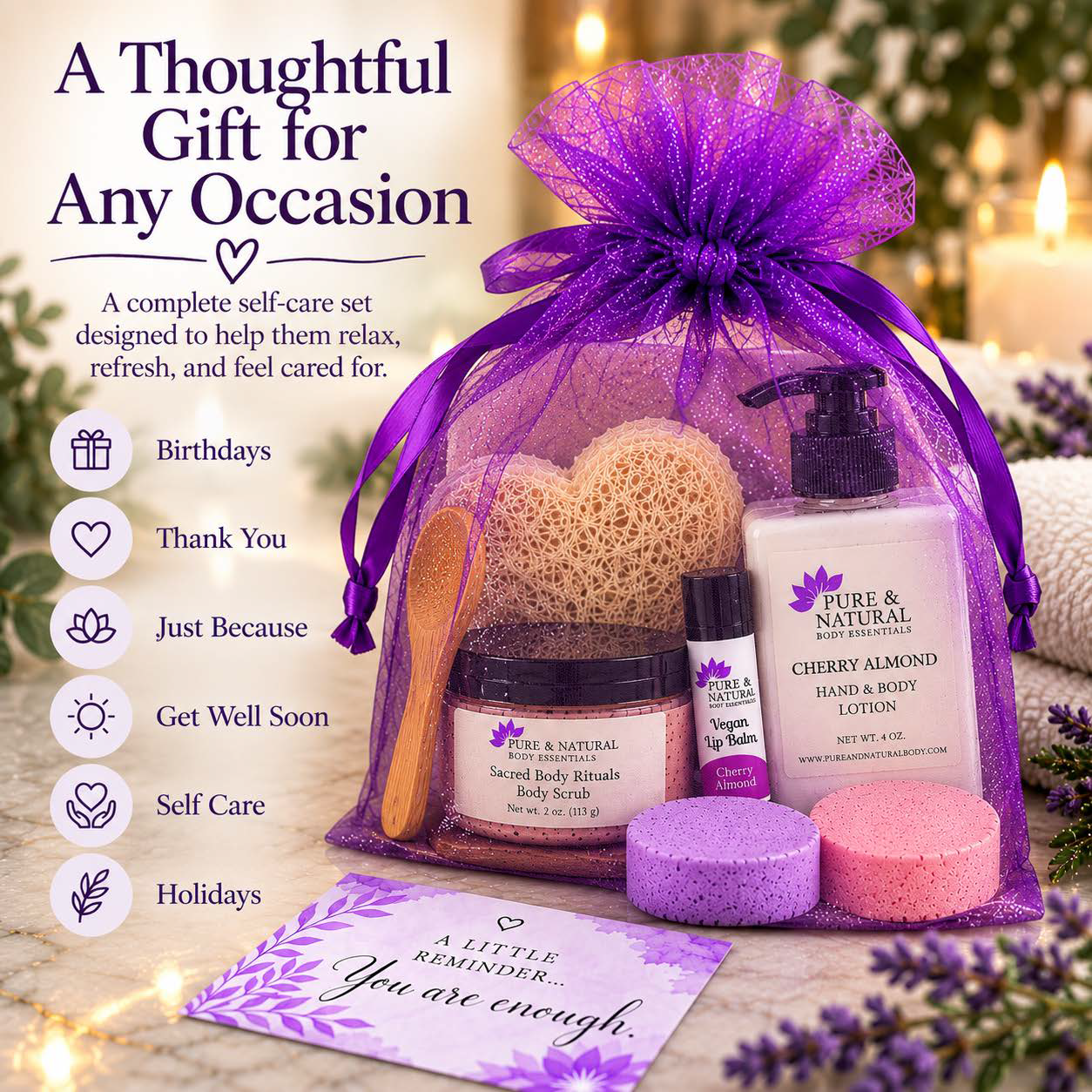 Self care gift set in a purple organza pouch with body care and shower steamers for birthdays, thank-you gifts, holidays and everyday self-care