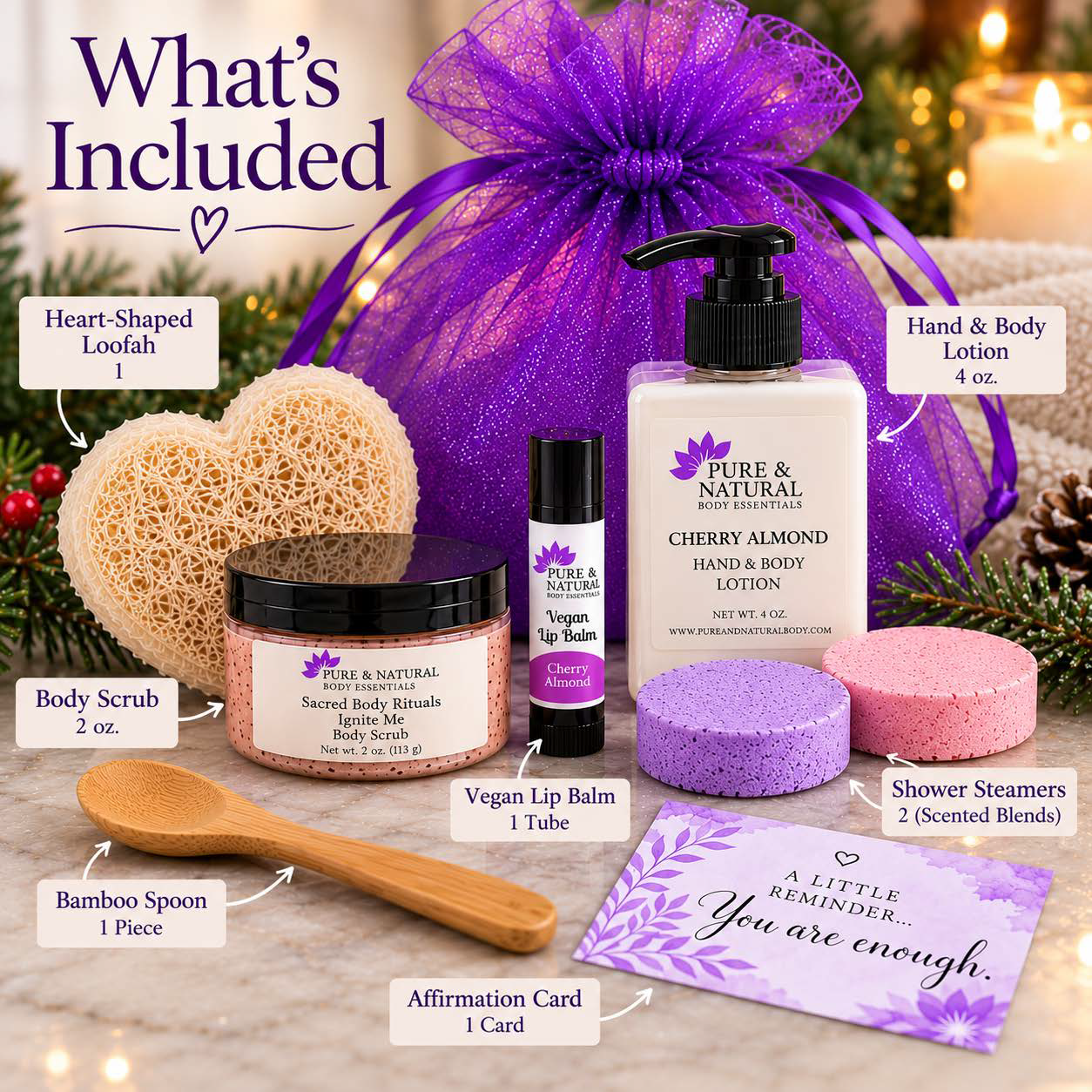 Self care gift set with 2 oz body scrub, two shower steamers, 4 oz hand and body lotion, lip balm, heart-shaped loofah, wooden spoon, organza pouch and affirmation card