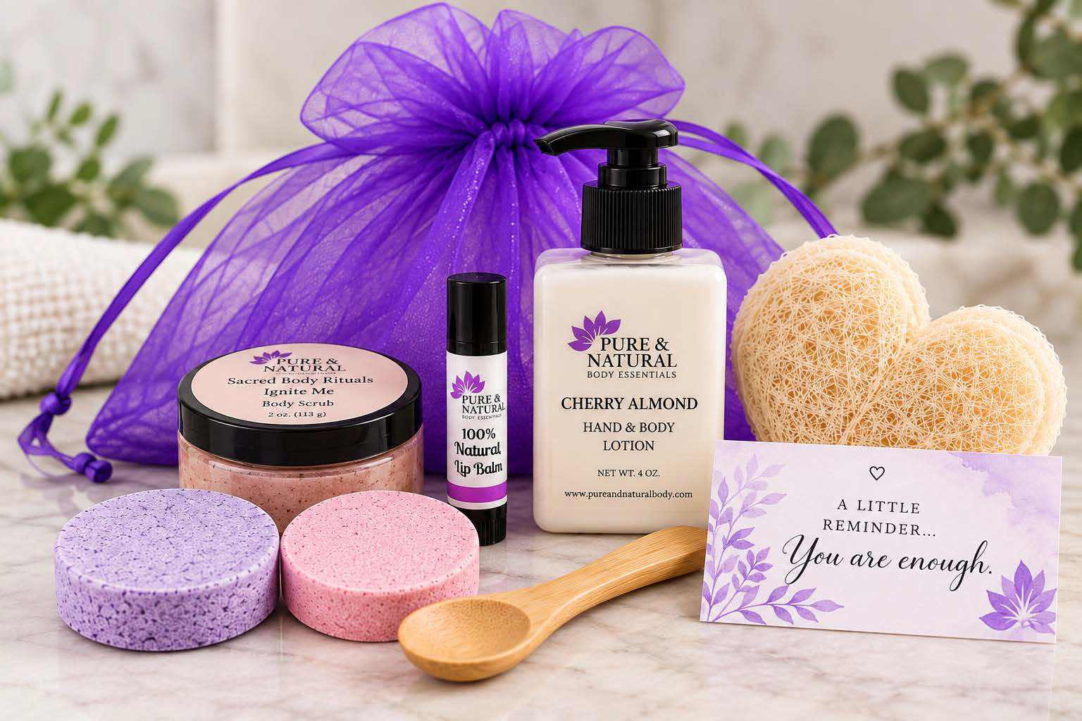 Self care gift set with body scrub, two shower steamers, hand and body lotion, unscented lip balm, heart-shaped loofah, wooden spoon and affirmation card