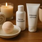 High-resolution photograph of a relaxing self-care setup featuring clean beauty products like a bath bomb, facial cleanser, and soothing candles for ultimate relaxation