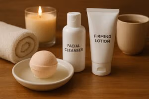 Clean Beauty Blog 1 High-resolution photograph of a relaxing self-care setup featuring clean beauty products like a bath bomb, facial cleanser, and soothing candles for ultimate relaxation