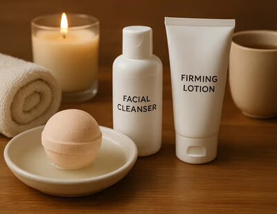 Create a Relaxing Self-Care Routine at Home 2 High-resolution photograph of a relaxing self-care setup featuring clean beauty products like a bath bomb, facial cleanser, and soothing candles for ultimate relaxation