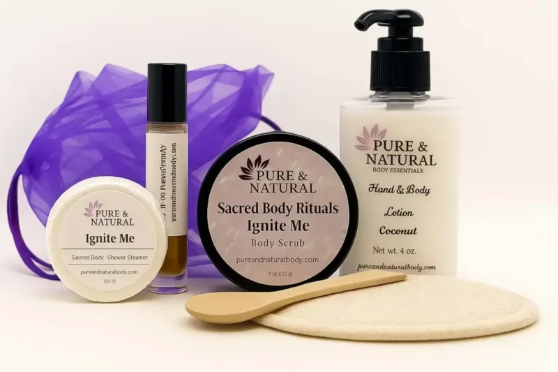 Natural Self-Care Kit mini spa gift set with organza pouch, shower steamers, body scrub, lotion, lip balm, and hidden affirmation card — handcrafted in Michigan for relaxing home rituals.