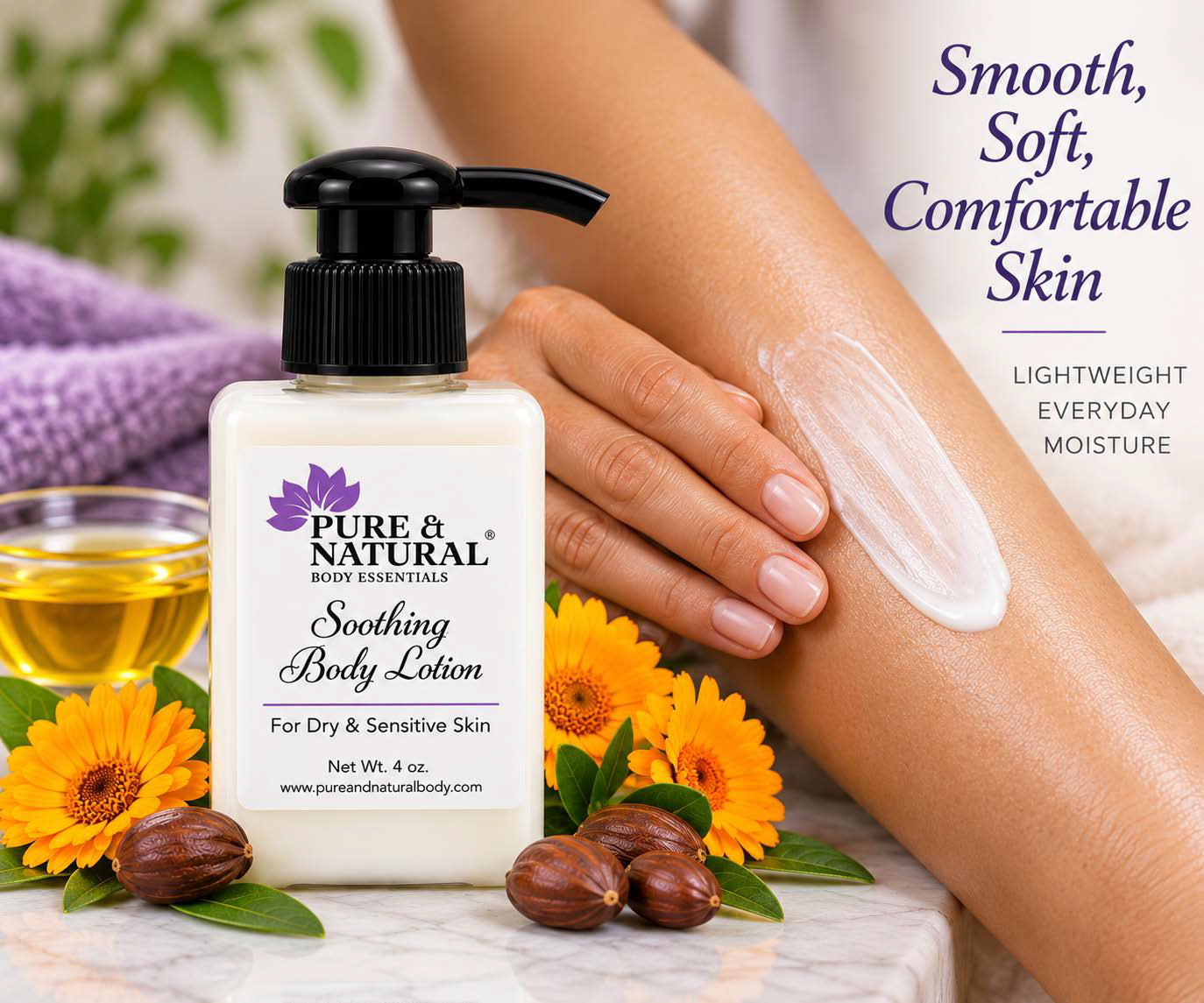 Pure & Natural Soothing Body Lotion being applied to skin for lightweight everyday moisture