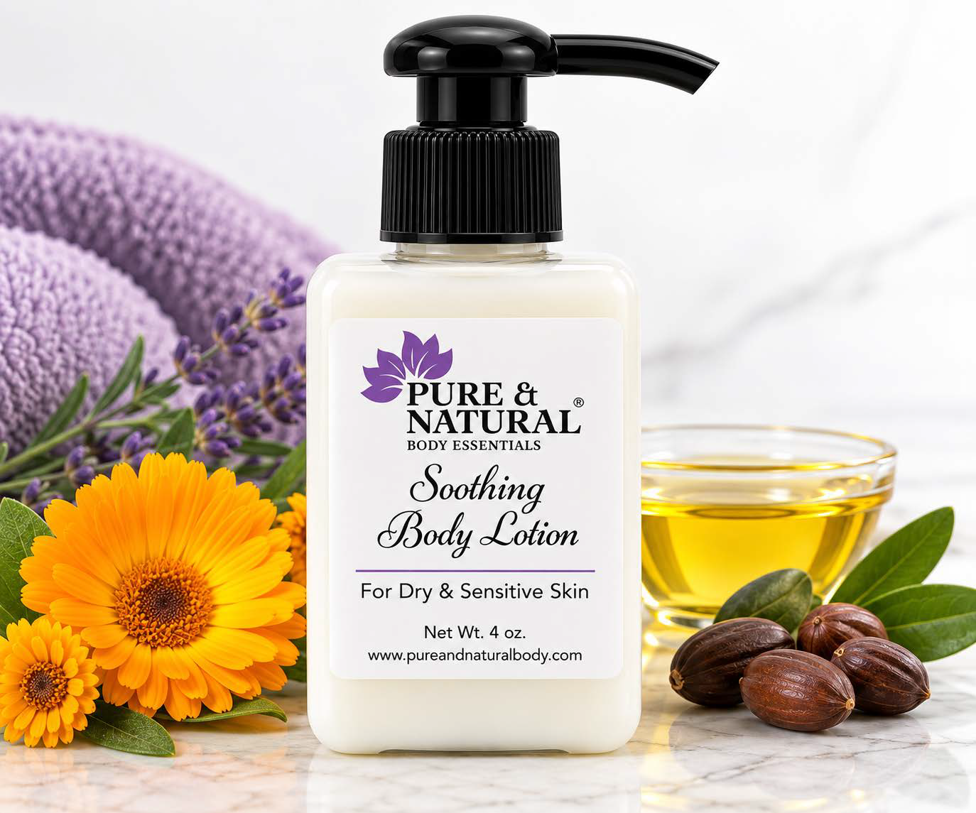 Pure & Natural Soothing Body Lotion for dry and sensitive skin with jojoba oil and calendula