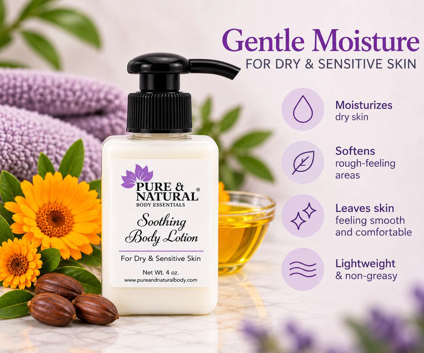 Pure & Natural Soothing Body Lotion with gentle lightweight moisture for dry and sensitive skin