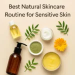 jars of plant based skincare with leaves and two bottles on neutral background