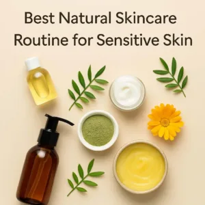 jars of plant based skincare with leaves and two bottles on neutral background