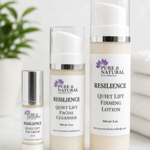 Resilience Quiet Lift clean beauty skincare bundle featuring a facial cleanser, firming eye cream, and 6 oz daily lotion