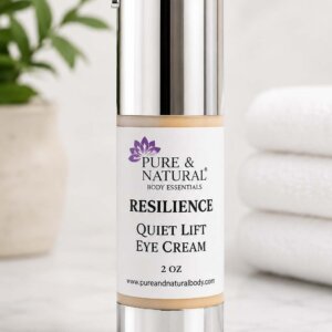 Resilience Quiet Lift Firming Eye Cream in a small jar, a lightweight plant-based eye cream designed to hydrate and smooth delicate under-eye skin