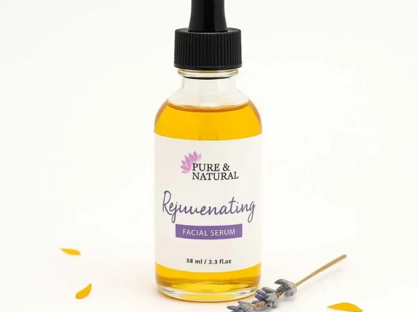 Bottle of Rejuvenating Facial Serum with rosehip, jojoba, and calendula oils