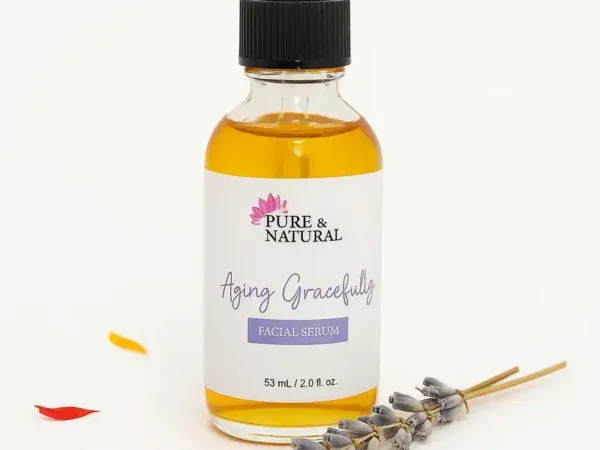 Bottle of Aging Gracefully Facial Serum with rosehip, grapeseed, and calendula oils