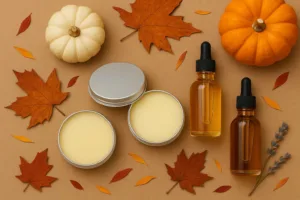 Autumn flat lay of Pure & Natural Body Essentials Mango Balm, Shea Balm, Aging Gracefully Serum, and Rejuvenating Serum with pumpkins and fall leaves.