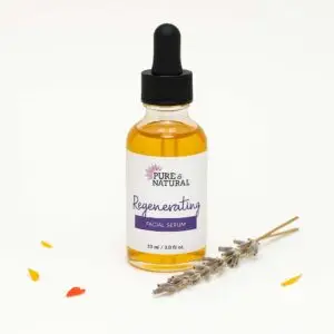 Regenerating facial serum in clear glass bottle, 2oz plant-based face oil for sensitive skin with calendula and jojoba – pure & natural body essentials