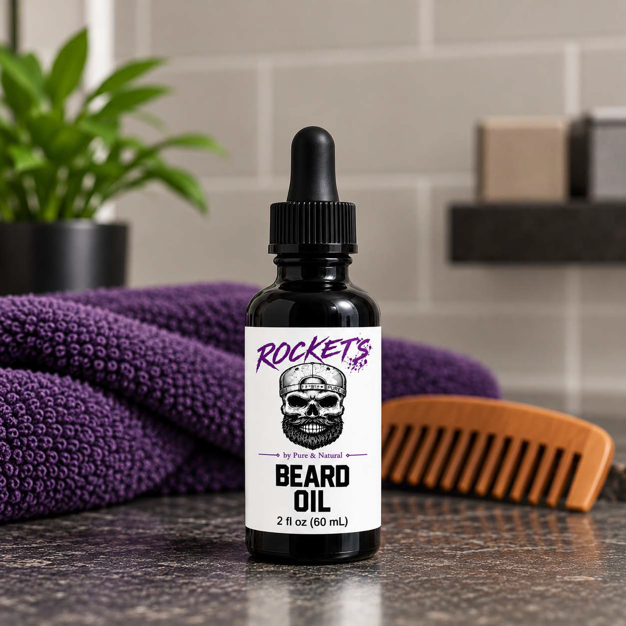 Rocket’s Beard Oil in a black 2 fl oz dropper bottle featuring the official Rocket’s by Pure & Natural logo
